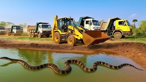 JCB 3DX 🟡 Backhoe Loading Trucks, Suddenly Giant Snake Found In Roadside Pond, All Work Stopped.