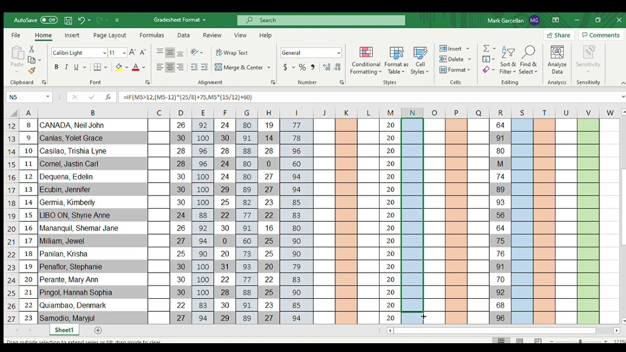 student grade sheet excel