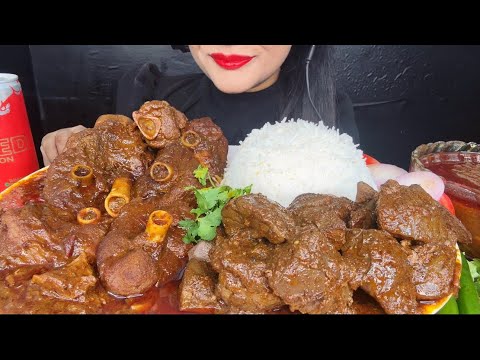 ASMR EATING SPICY MUTTON CURRY,KALEJI CURRY,WHITE RICE+SALAD *FOOD VIDEOS*