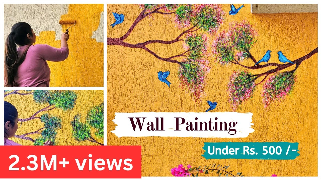 Wall painting design idea for balcony Tree & bird wall painting