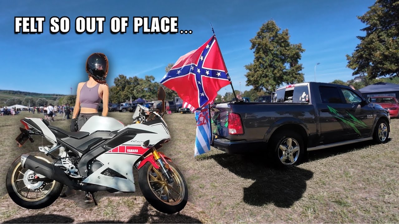 Я приехал на Всеамериканский автомобильный фестиваль на своём японском спортивном мотоцикле.