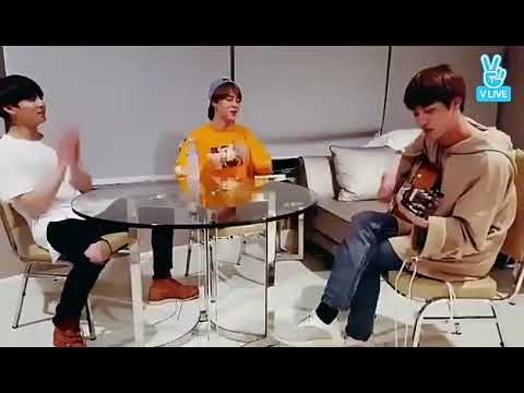 SEOKJIN playing spring day on the guitar while jungkook and JIMIN sing to it