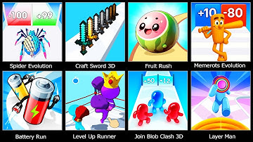 Memerots Evolution Run,Fruit Rush,Craft Sword 3D,Spider Evolution,Battery Run,Level Up Runner