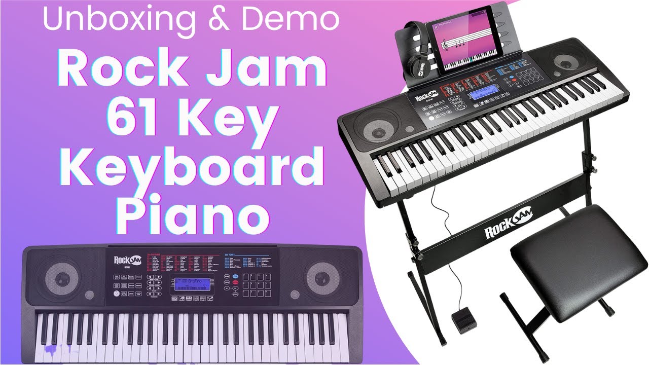 RockJam 61-Key Keyboard Piano Kit with Sustain Pedal, Stand, Bench,  Headphones, Note Stickers & Lessons