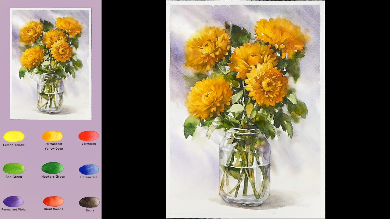 Акварельный рисунок цветка - Ваза с хризантемами (3-кратная скорость, см. названия цветов) NAMIL ART