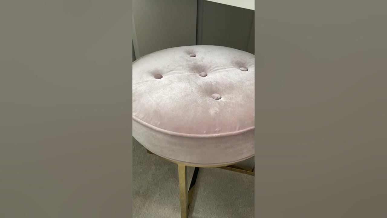 Pink Velvet Stool With Shiny Gold Cross Frame Legs And Tufted Buttons