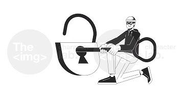 Cyber criminal unlocking lock with key in keyhole bw outline 2D character animation