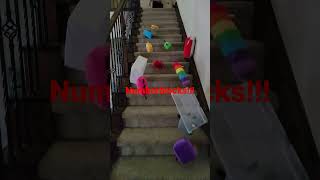 Numberblocks plushies falling down the stairs