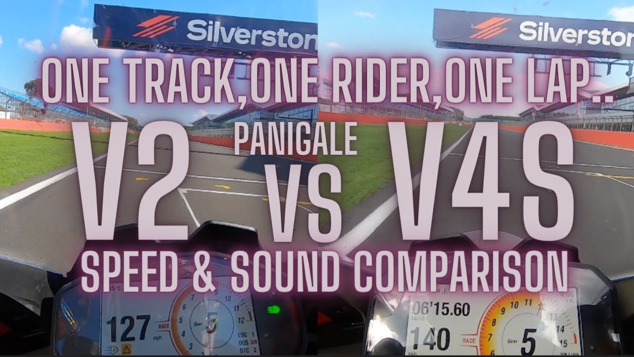 Ducati Panigale V4s vs V2 Silverstone GP Circuit Full Lap, same rider ,one lap top speed comparison