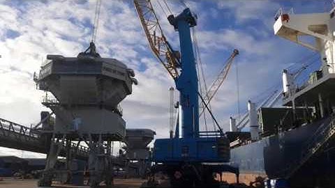 Wood pellets discharging at Port of Tyne, England