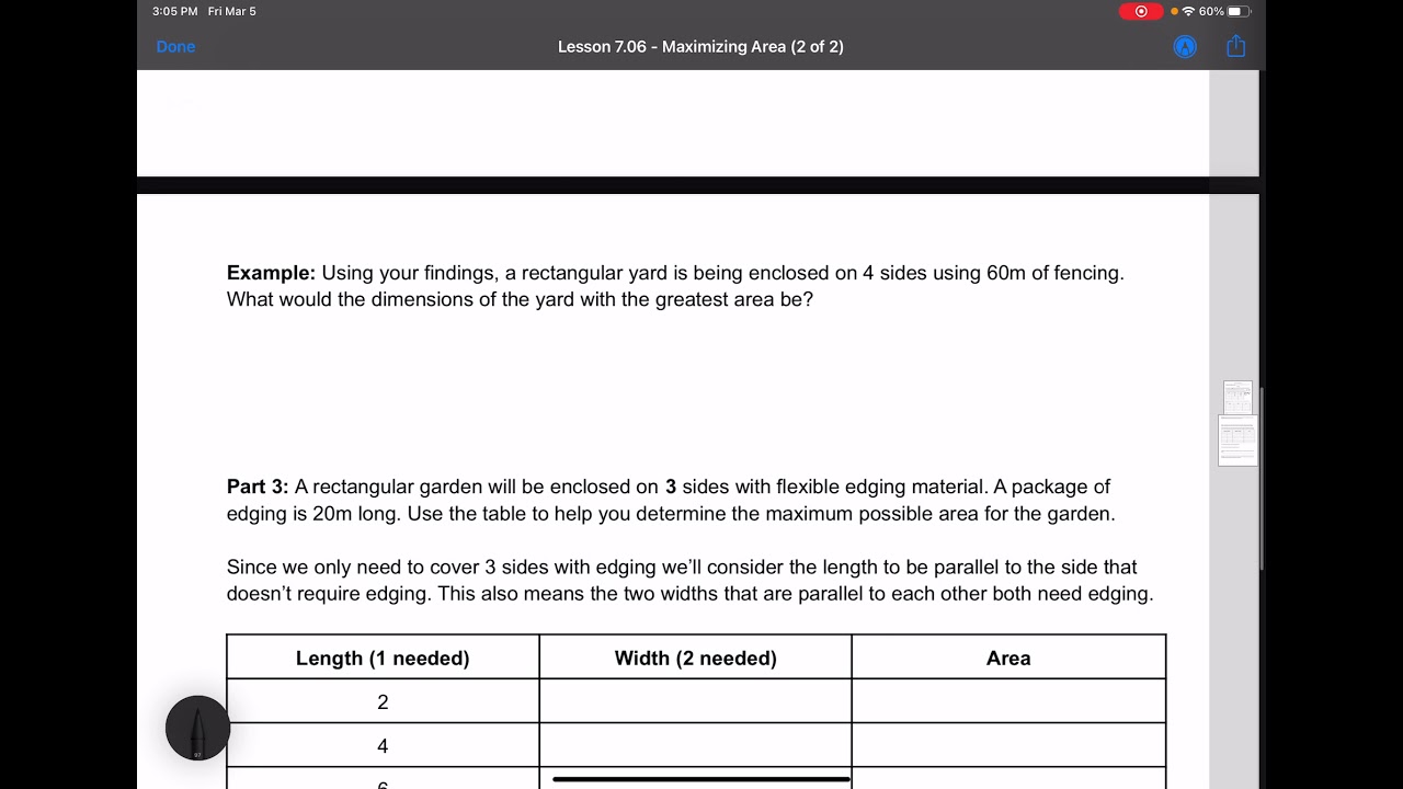 Lesson 7.06 - Introduction to Maximizing Area Investigation