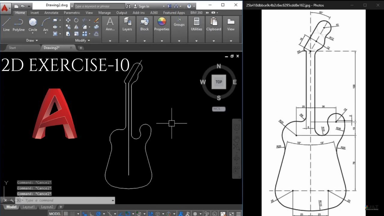 Autocad 2d Practice Drawing for Beginners (Guitar) - Exercise 10 (Basic