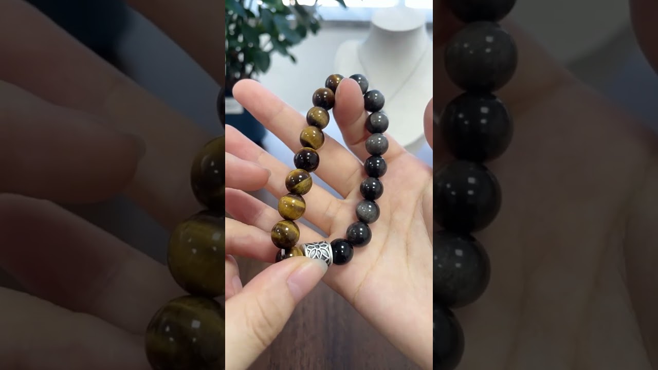 李記 | 原創手工真皮 | 招財穩運 黃虎眼石黑曜石男士手串DQ0908S號