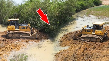 WONDERFUL EXTREME BULLDOZER SHANTUI DH17C2 PUSH SOIL STONES AND ROCK, DUMP TRUCK UNLOADING