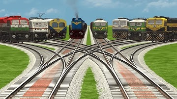 8 SPEEDY TRAINS RUN AT BUMPY FORKED RAILROAD TRACKS CROSSING | Indian Railway Train Simulator