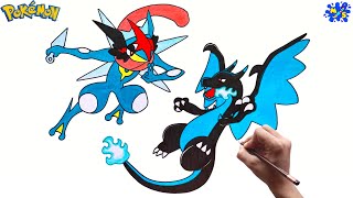 Ash Greninja Vs Mega Charizard X Drawing || How to Draw Ash Greninja Vs Mega Charizard X