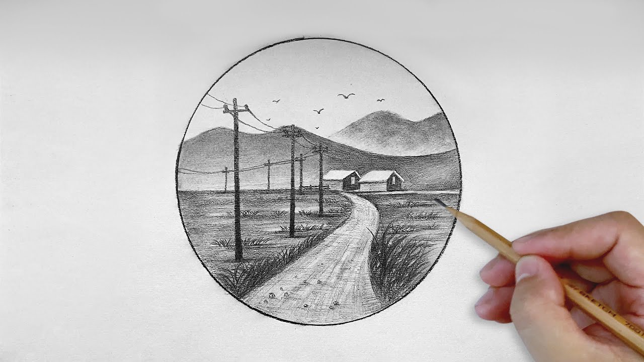 Landscape Sketch | How to draw village and road with pencil