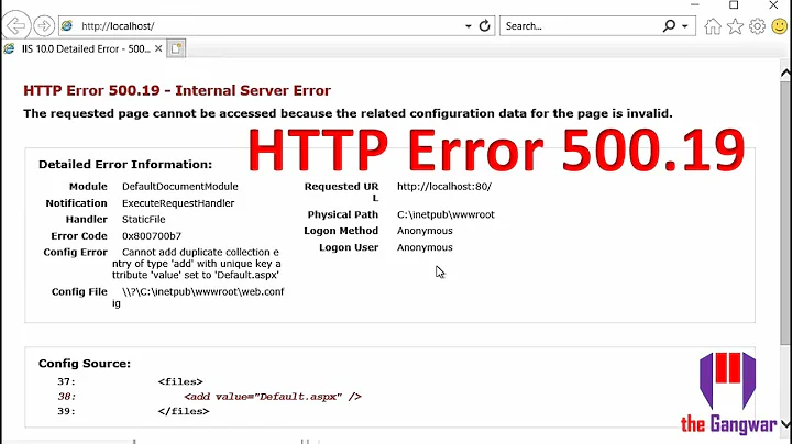 Http error 500.19 internal server error IIS | error on a web app in Internet Information Services