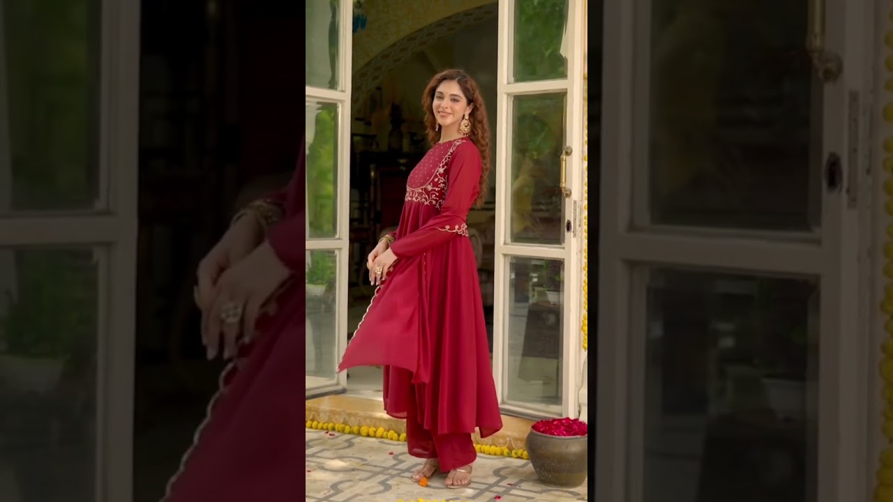 Maroon Embroidered Kurti – Georgette Anarkali Set with Straight Pant & Dupatta