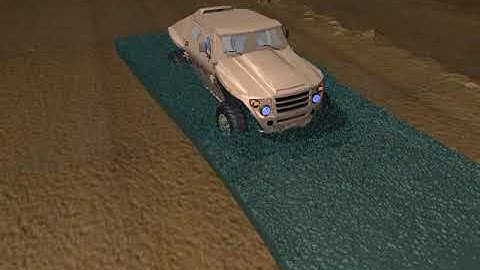 Vehicle water fording simulation over a long rough course at 4.5 m/s