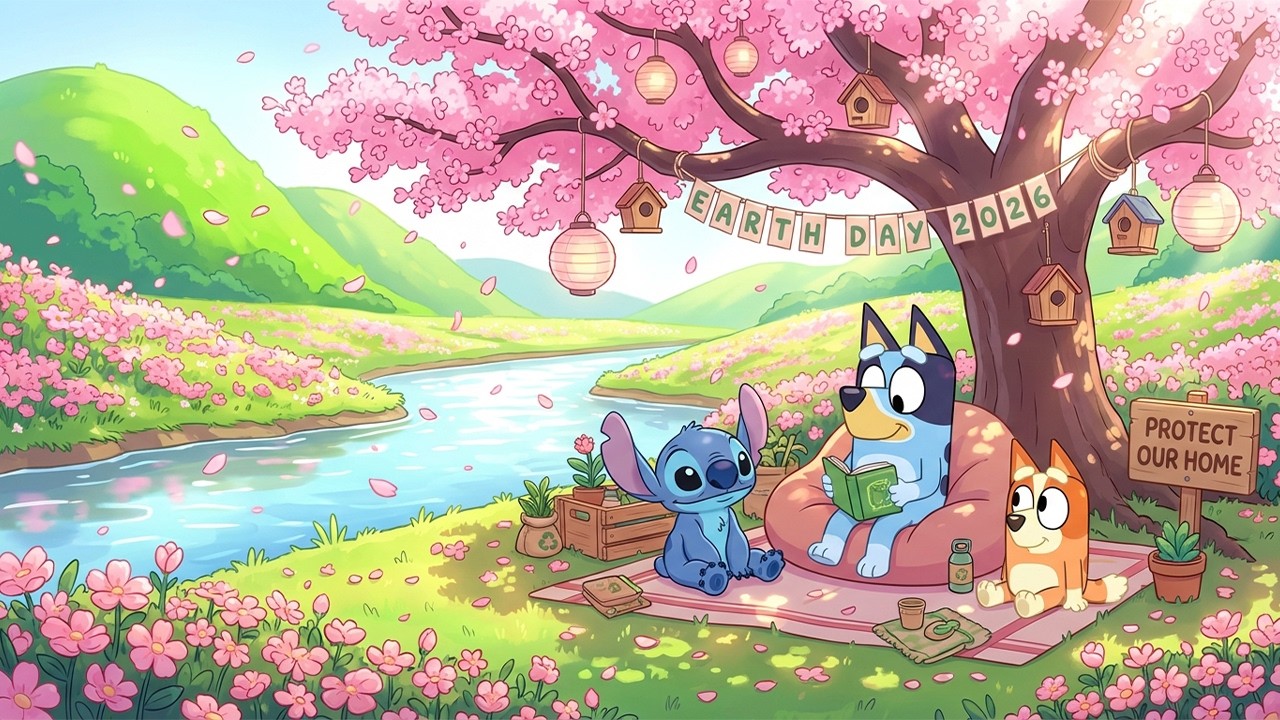 Stitch & Bluey Spring Earth Day Riverside 🌍 Chill Lofi Beats for Study ...