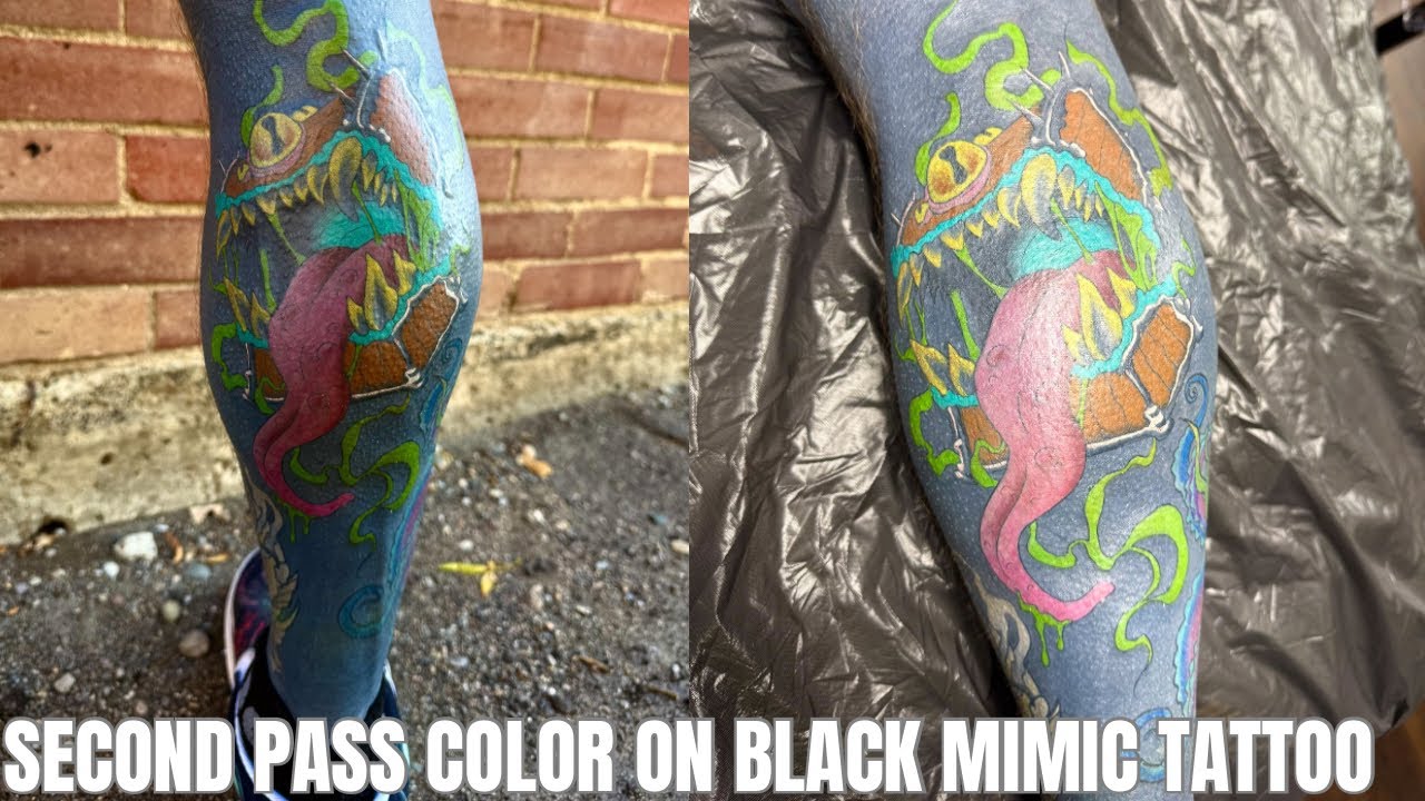 Второй проход: цветная татуировка на черном фоне 