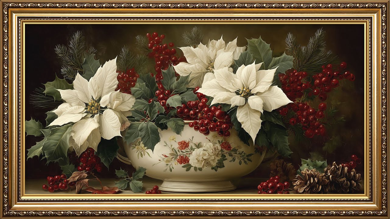 Christmas Vintage Still Life Painting 🎄 White Poinsettia Arrangement With Golden Frame TV Art