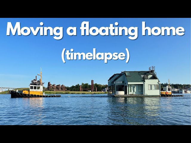 Timelapse of a floating home being moved