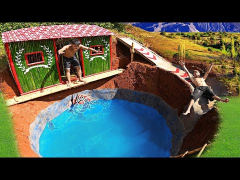 Survival skills, Build Bamboo House ,The Dig To Build Swimming Pool And Water Slide