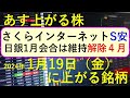 あす上がる株　2024年１月１９日（金）に上がる銘柄　～最新の日本株での株式投資のお話です。さくらインターネットがストップ安、日銀の1月金融政策決定会合は維持の見通し、マイナス金利の解除は４月～