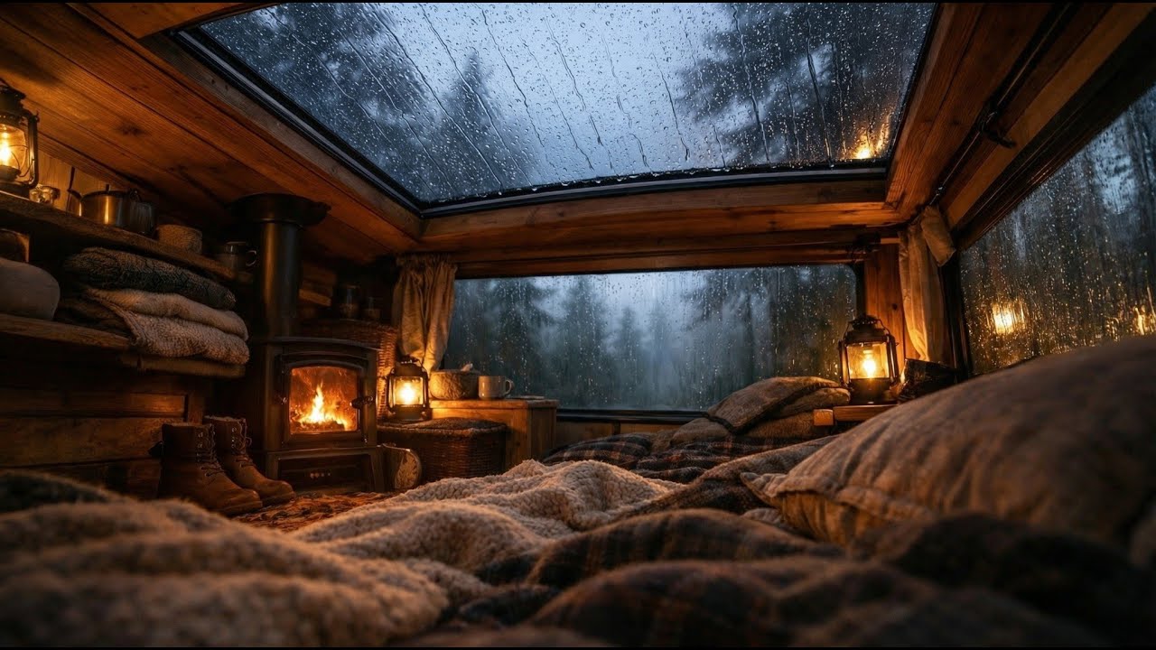 Heavy Rain on Camper Van Skylight | Cozy Wood Stove & Thunder in Misty Forest for Sleep 10 Hours