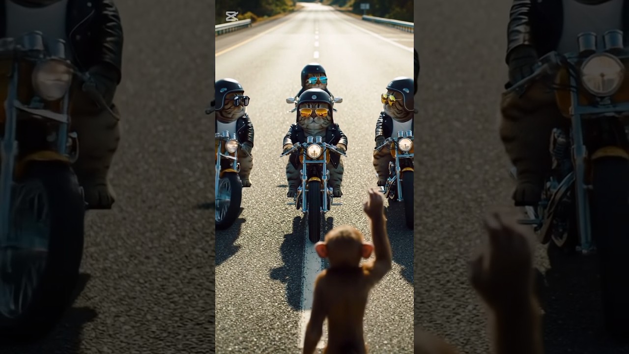 The monkey stopped the kitten's bike.