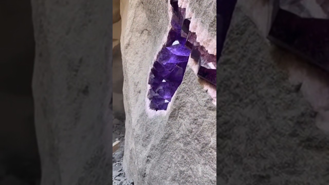 Внутри твердой породы обнаружена огромная жила аметистовых кристаллов.