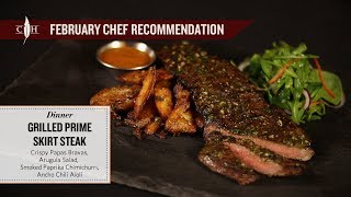 Our prime skirt is rubbed with ancho chili and garlic, smoked paprika
chimichurri for dipping. served papas bravas (fingerling potatoes,
smashed an...