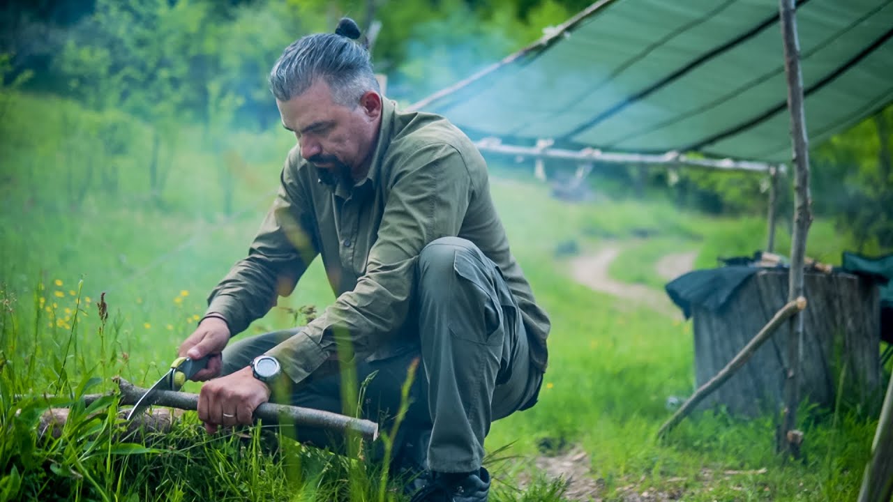 Bushcraft camp activities - half-log table, foraging pouch
