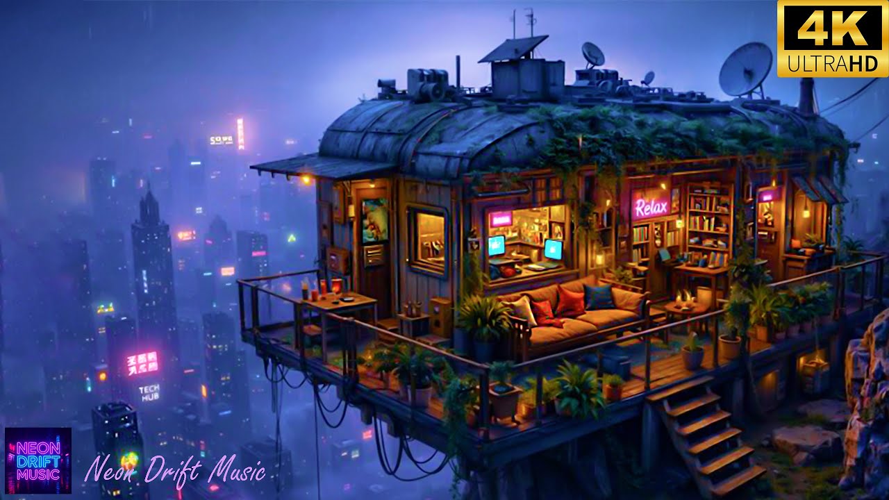 Lo-Fi Chill Music 🌧️ Cozy Sky Cabin Above A Cyberpunk City | Chill Beats For Focus, Relax & Sleep