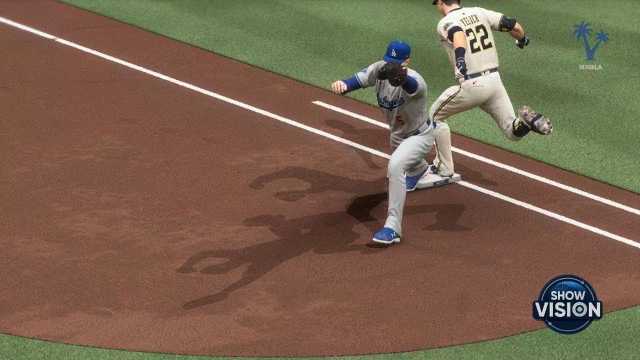 LAD challenge call on the first base. Safe at first. MLB The Show 24