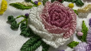 تطريز وردة  بارزة باستخدام غرزة الروكوكو و cast on - تطريز برازيلي بارز hand embroidery