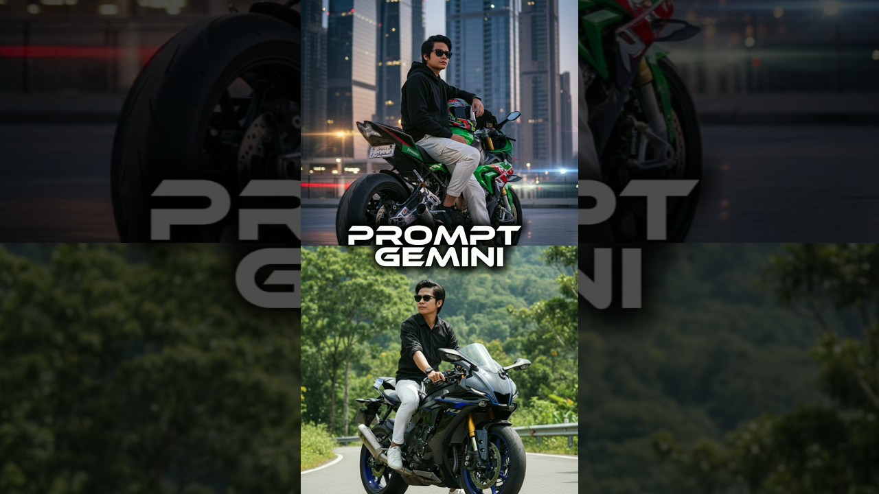Membuat foto sedang mengendarai motor sport | Prompt gemini 