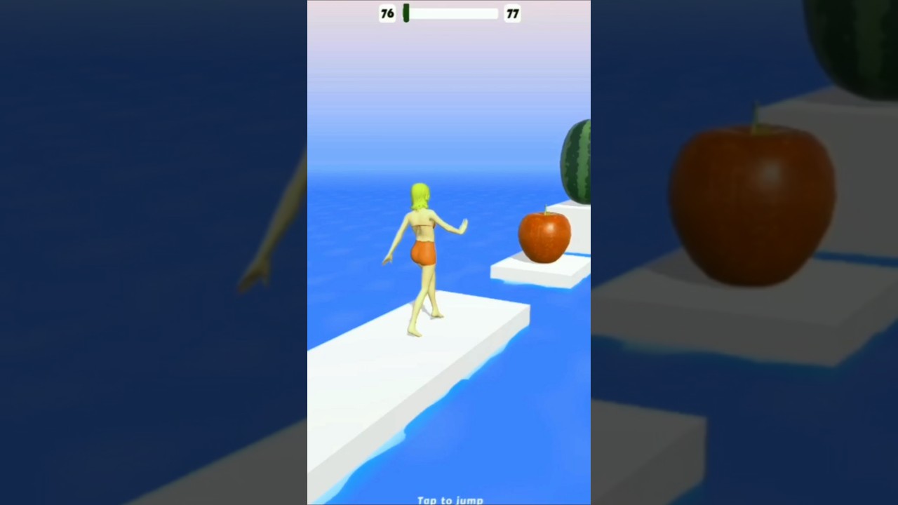Blue base mixed girl jumping Fun men, gaming, man, girl, apple, water melon