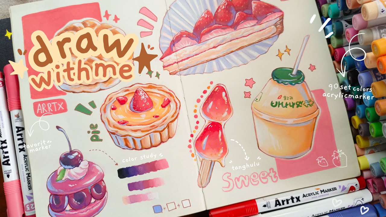 draw with me ★ making food illustrations with Arrtx acrylic markers ...