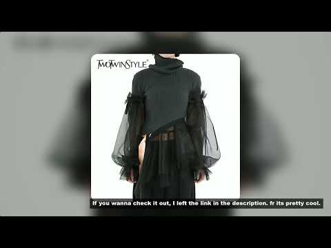 TWOTWINSTYLE Patchwork Sweater Women Turtleneck Puff Long Sleeve Ruffle Hem Knitting Pullover Tops F
