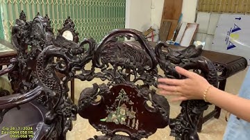 bộ khánh rồng,giường ngũ sơn cẩn ốc,bộ bàn ăn,tủ bày đồ,tượng,khay trà,tranh đĩa khảm ốc,hộp chè...