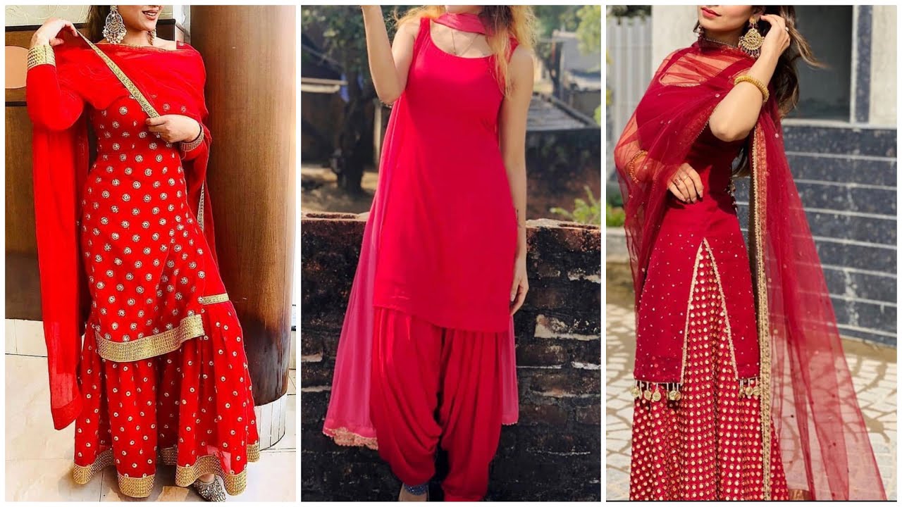 Embroidered Georgette Punjabi Suit in Red : KCH9824