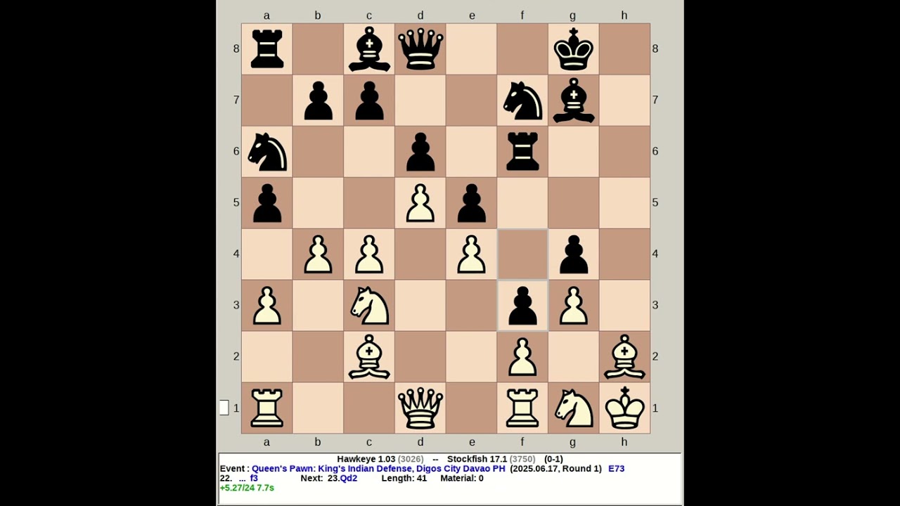 Hawkeye 1.03 vs Stockfish 17.1 | Queen's Pawn: King's Indian Defense 