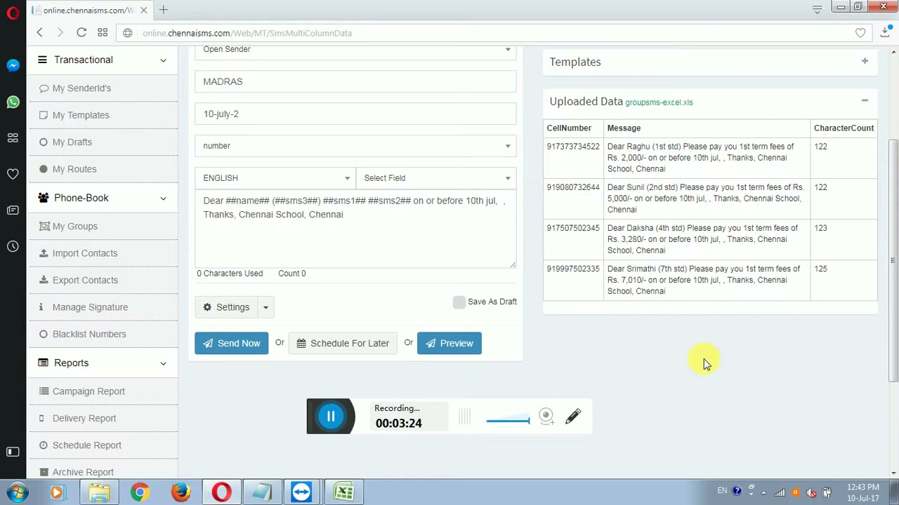 How to send Bulk SMS from Excel file upload