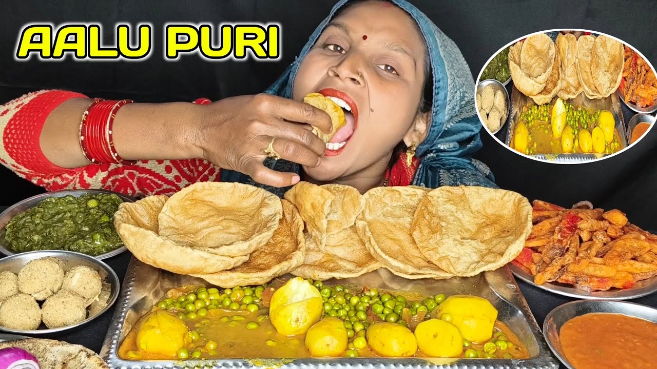 ASMR Sunday Special Veg Thali: Spicy Aalu Puri & Matar Paneer Eating Challenge 🥘🔥 asmr eating 