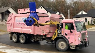 Pink Garbage Truck! Peterbilt 320 CNG Heil DuraPack Python Lid Flipping Conway’s Carts