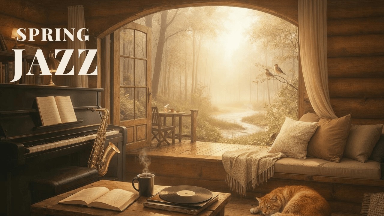 Golden Spring Morning Jazz ☀️ Cozy Piano & Relaxing Jazz in a Forest Cabin