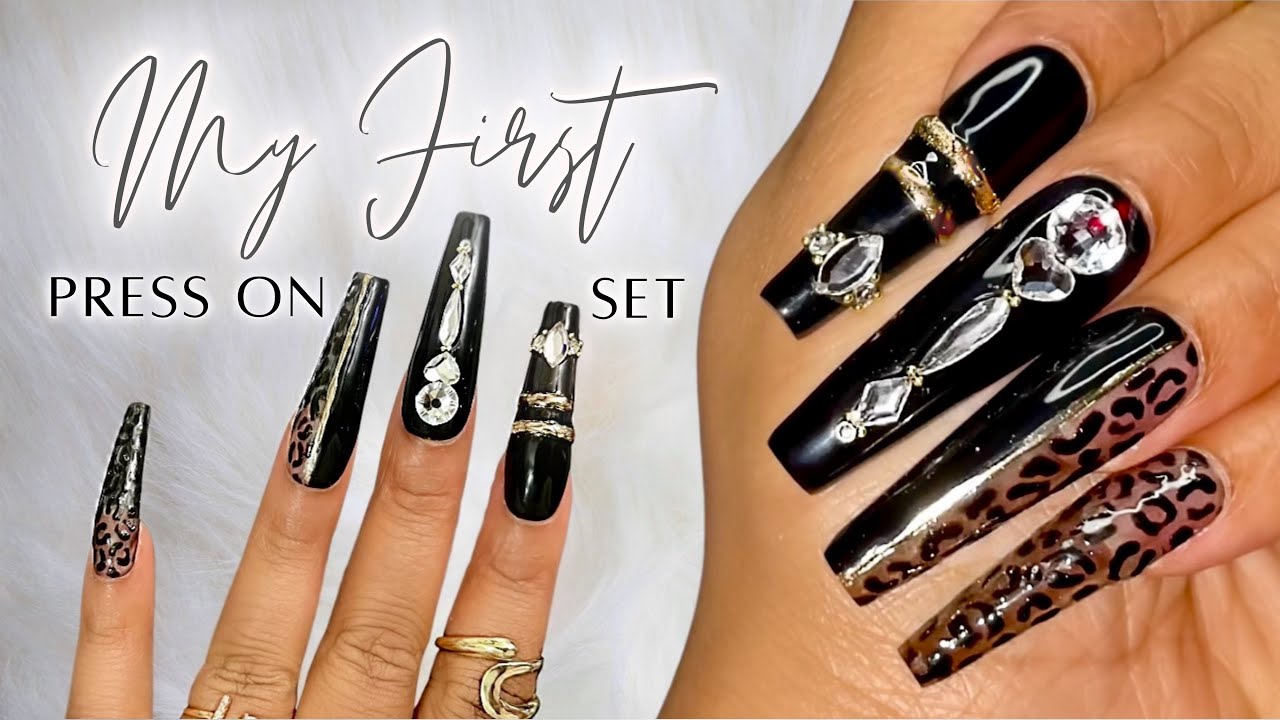 My First Press-On Nail Set | Black Leopard Nails with Crystals